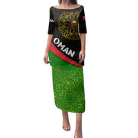 Oman Family Matching Puletasi and Hawaiian Shirt with Camel Landscape and Geometric Pattern Design