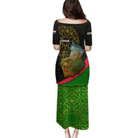 Oman Family Matching Puletasi and Hawaiian Shirt with Camel Landscape and Geometric Pattern Design