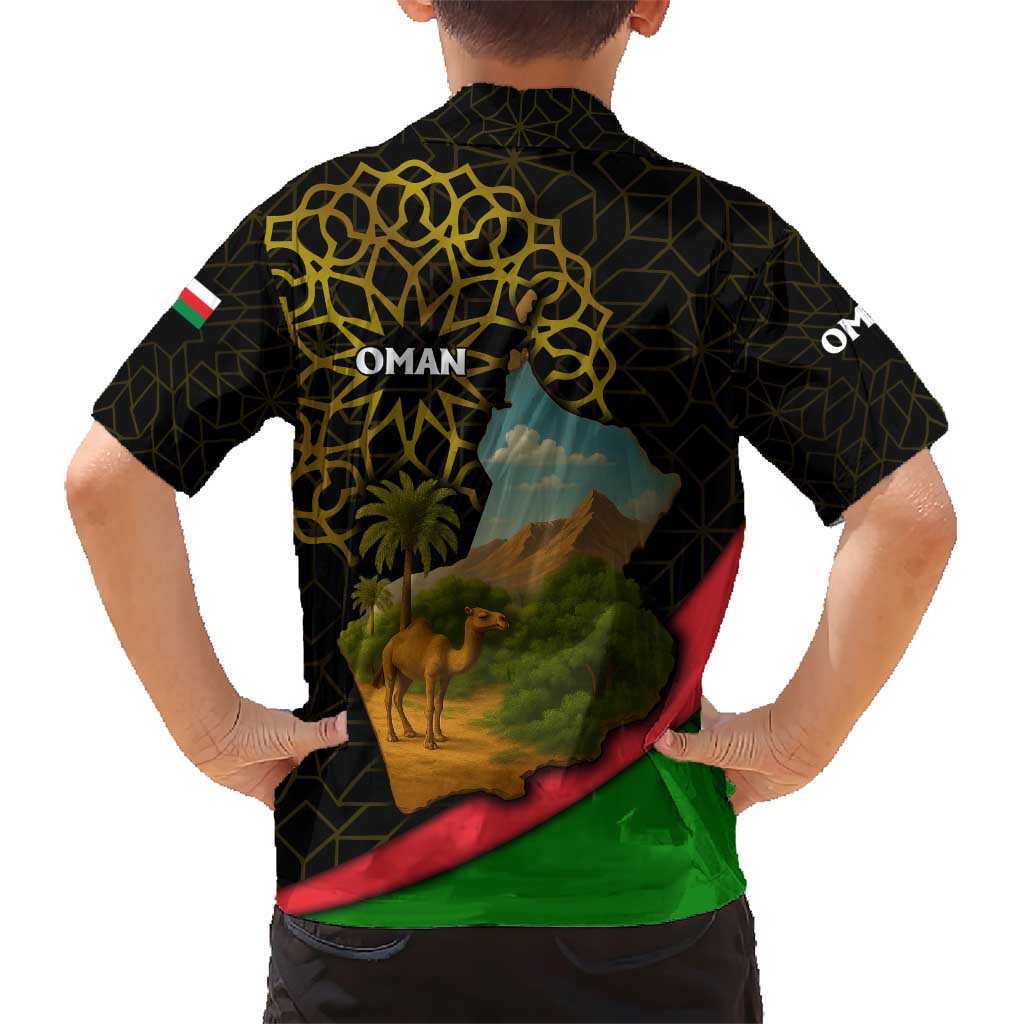 Oman Family Matching Short Sleeve Bodycon Dress and Hawaiian Shirt with Camel Landscape and Geometric Pattern Design