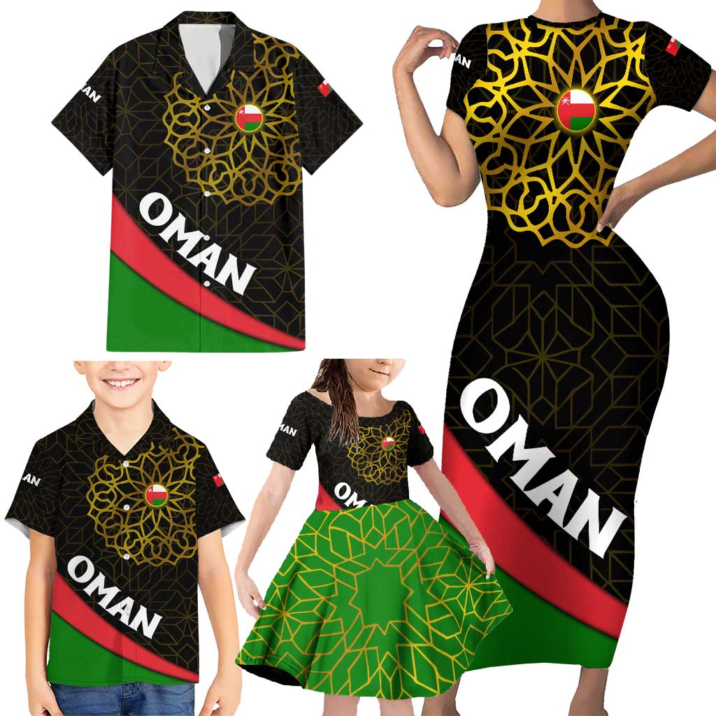 Oman Family Matching Short Sleeve Bodycon Dress and Hawaiian Shirt with Camel Landscape and Geometric Pattern Design