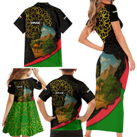 Oman Family Matching Short Sleeve Bodycon Dress and Hawaiian Shirt with Camel Landscape and Geometric Pattern Design