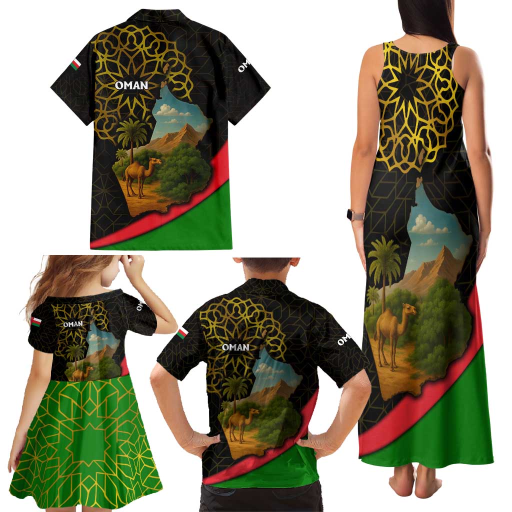Oman Family Matching Tank Maxi Dress and Hawaiian Shirt with Camel Landscape and Geometric Pattern Design