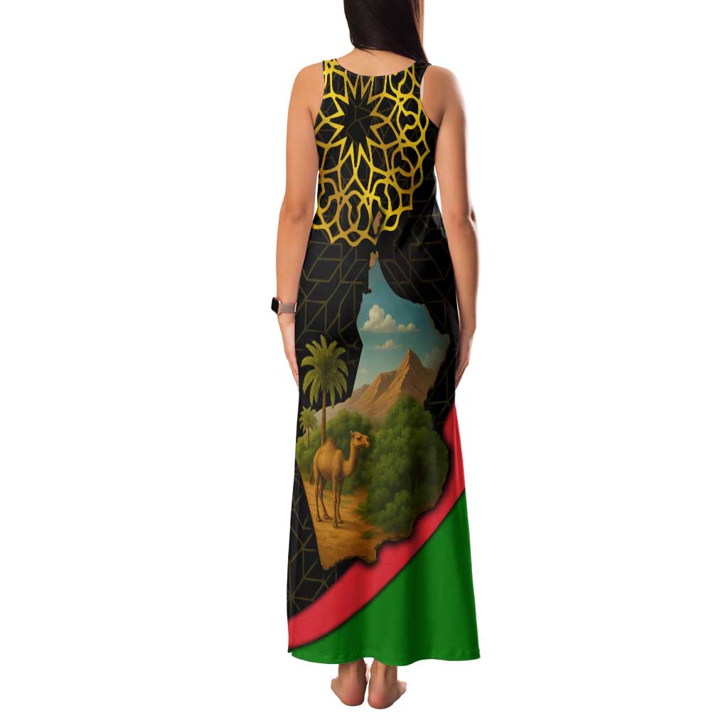 Oman Family Matching Tank Maxi Dress and Hawaiian Shirt with Camel Landscape and Geometric Pattern Design