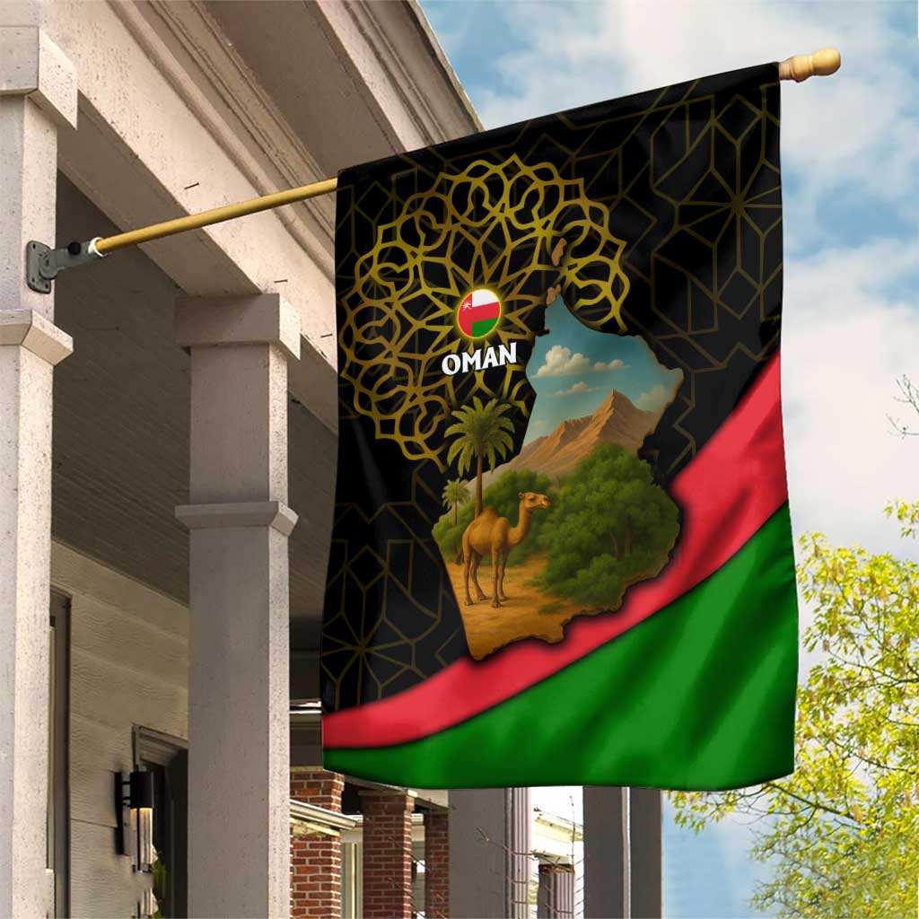 Oman Garden Flag with Camel Landscape and Geometric Pattern Design