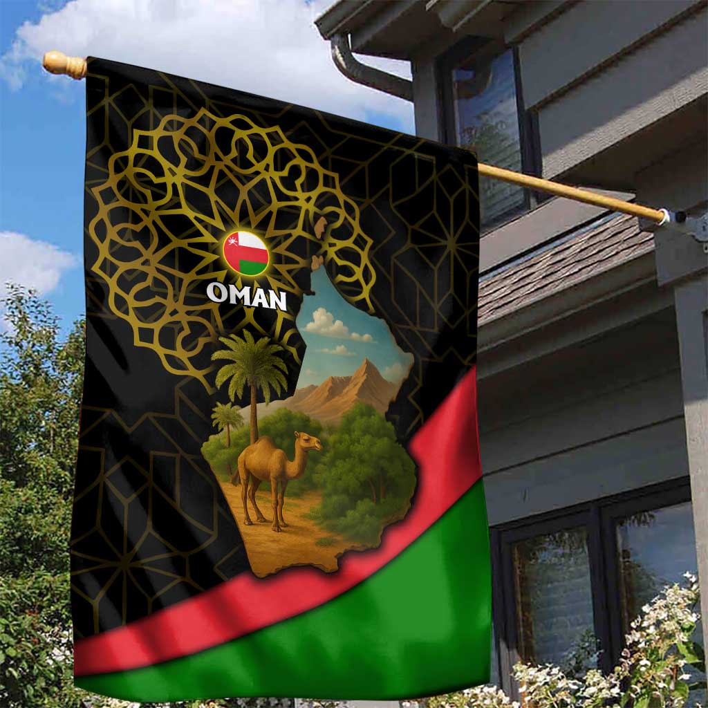Oman Garden Flag with Camel Landscape and Geometric Pattern Design
