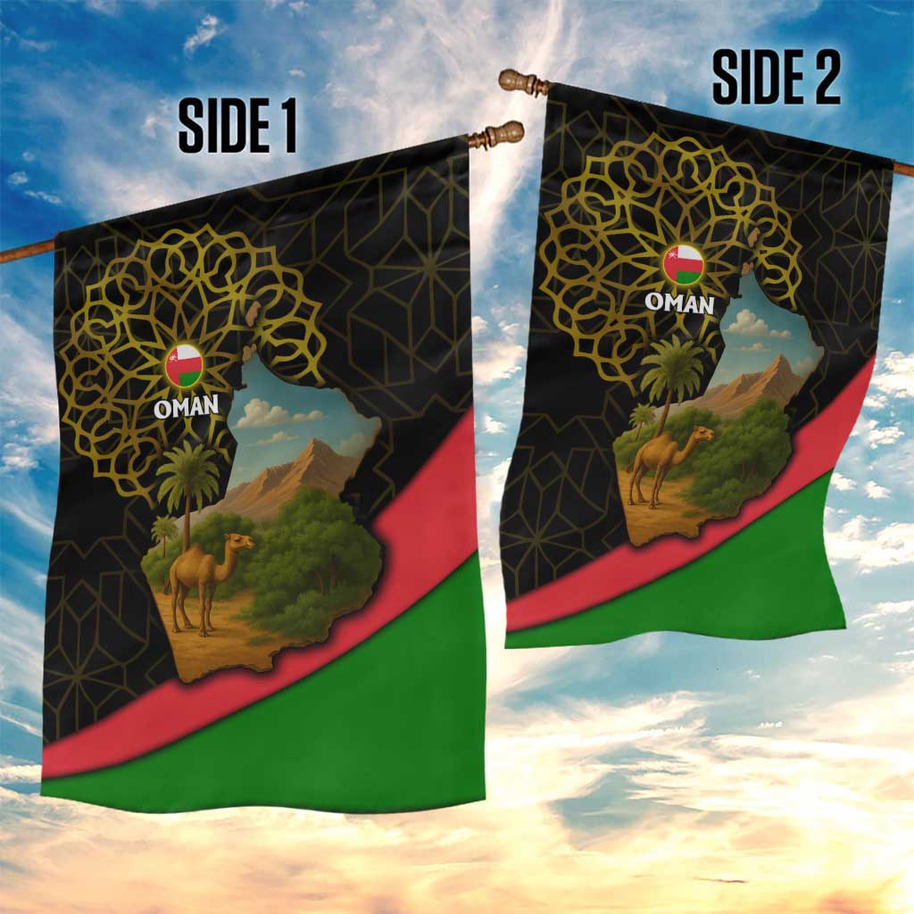 Oman Garden Flag with Camel Landscape and Geometric Pattern Design