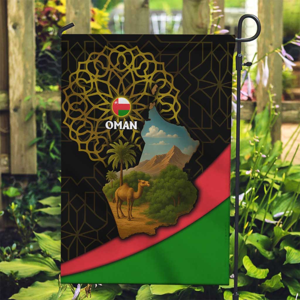 Oman Garden Flag with Camel Landscape and Geometric Pattern Design