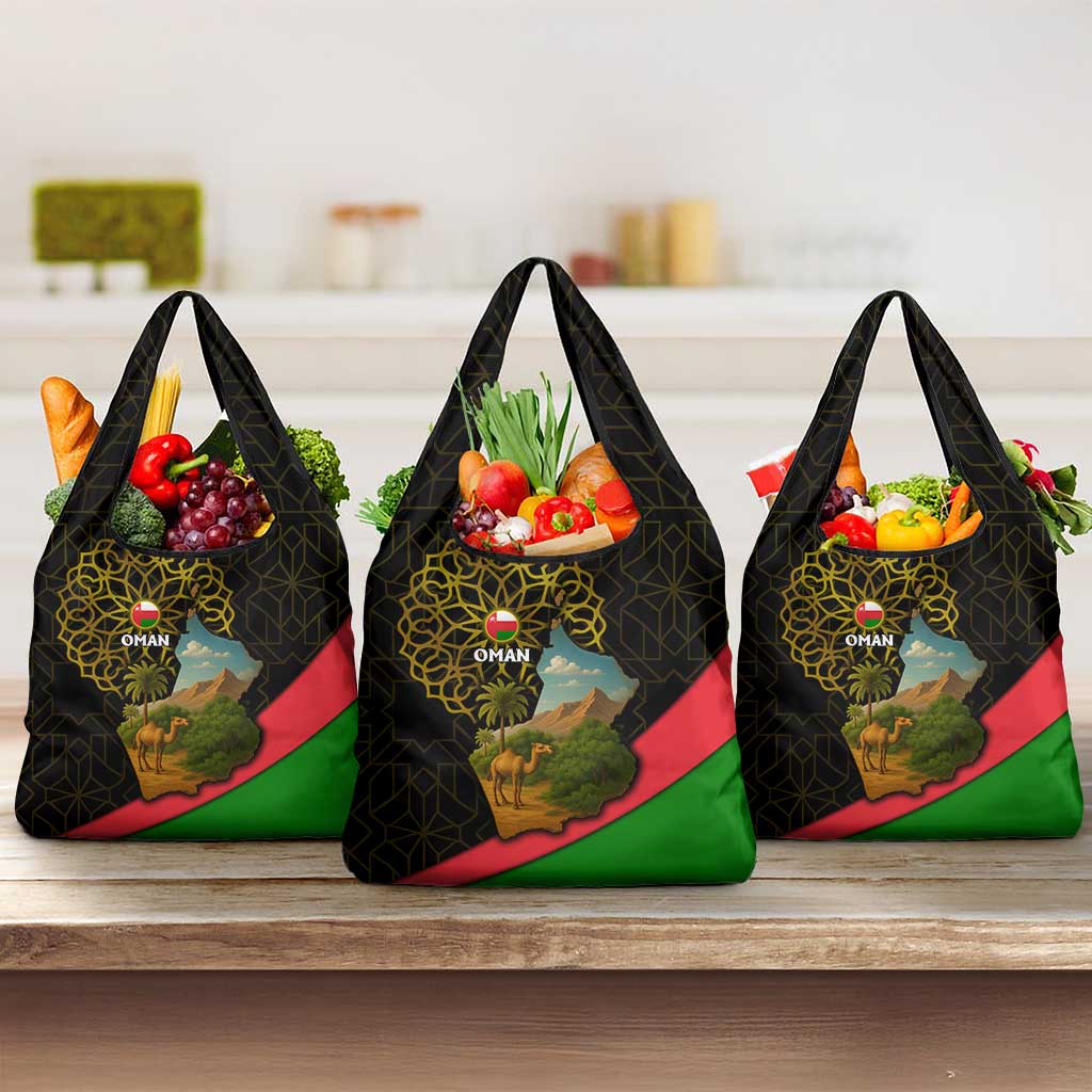 Oman Grocery Bag with Camel Landscape and Geometric Pattern Design