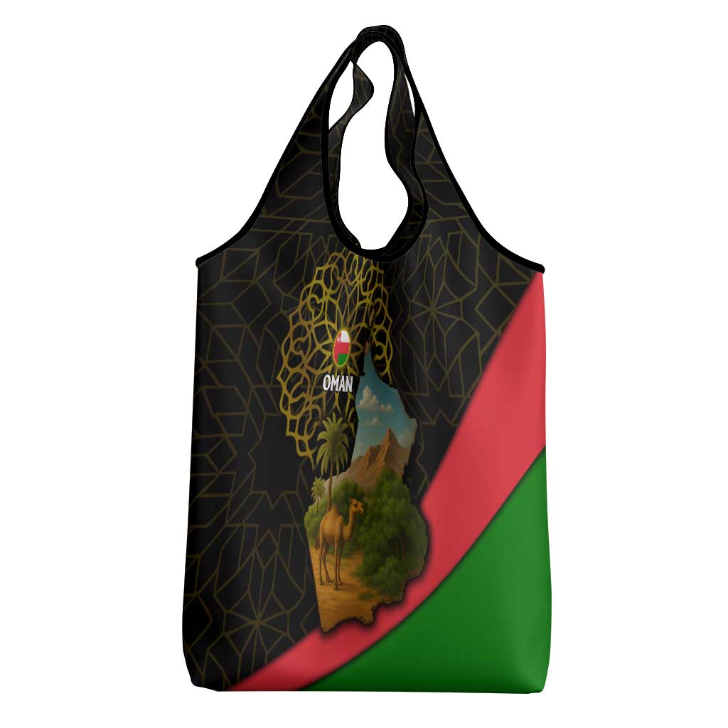 Oman Grocery Bag with Camel Landscape and Geometric Pattern Design