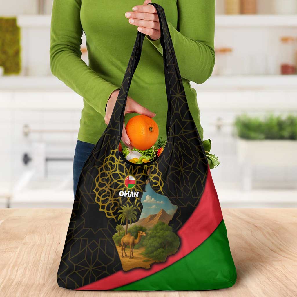 Oman Grocery Bag with Camel Landscape and Geometric Pattern Design
