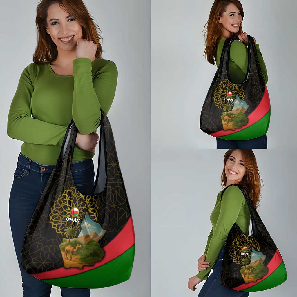 Oman Grocery Bag with Camel Landscape and Geometric Pattern Design