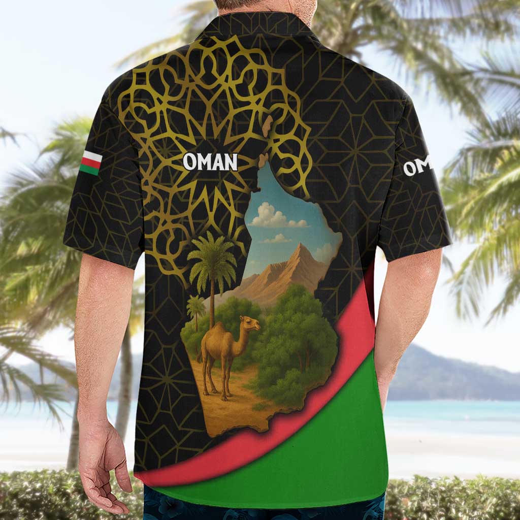 Oman Hawaiian Shirt with Camel Landscape and Geometric Pattern Design