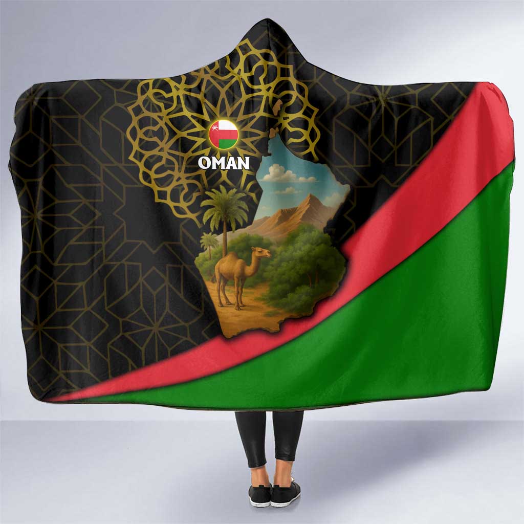 Oman Hooded Blanket with Camel Landscape and Geometric Pattern Design