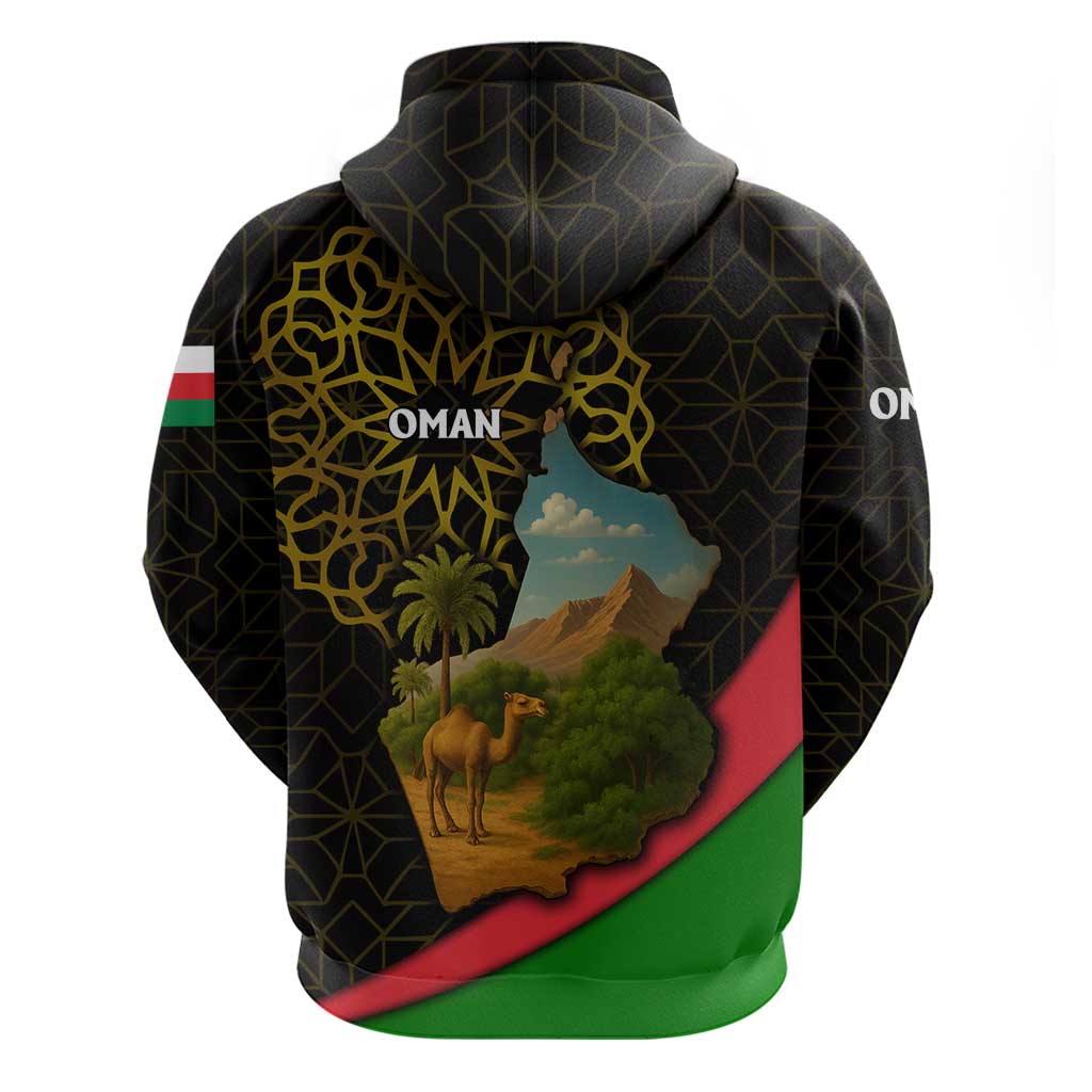 Oman Hoodie with Camel Landscape and Geometric Pattern Design
