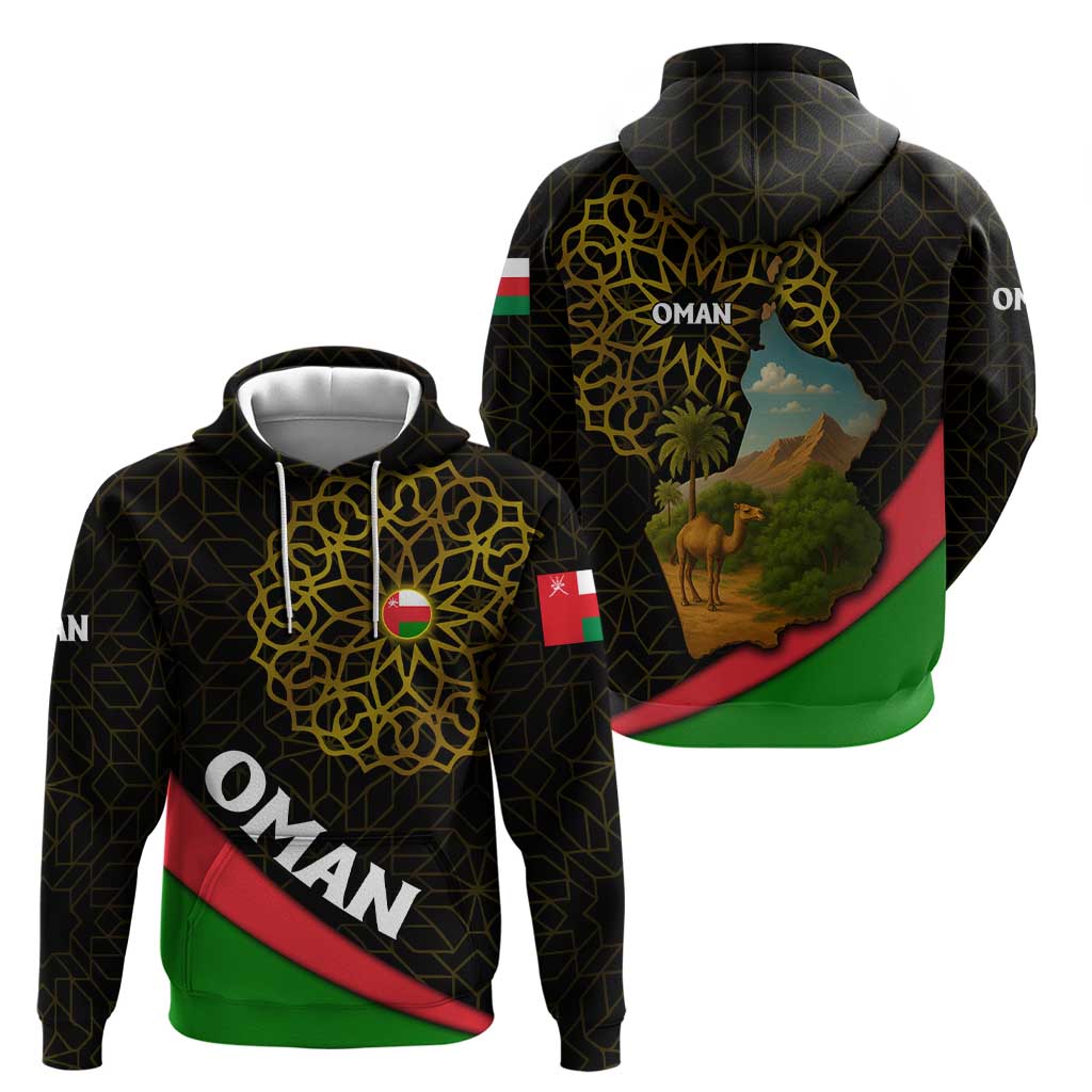 Oman Hoodie with Camel Landscape and Geometric Pattern Design