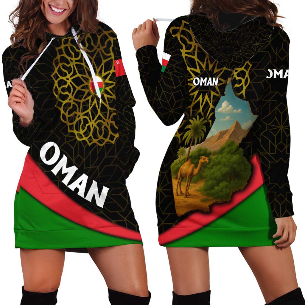 Oman Hoodie Dress with Camel Landscape and Geometric Pattern Design