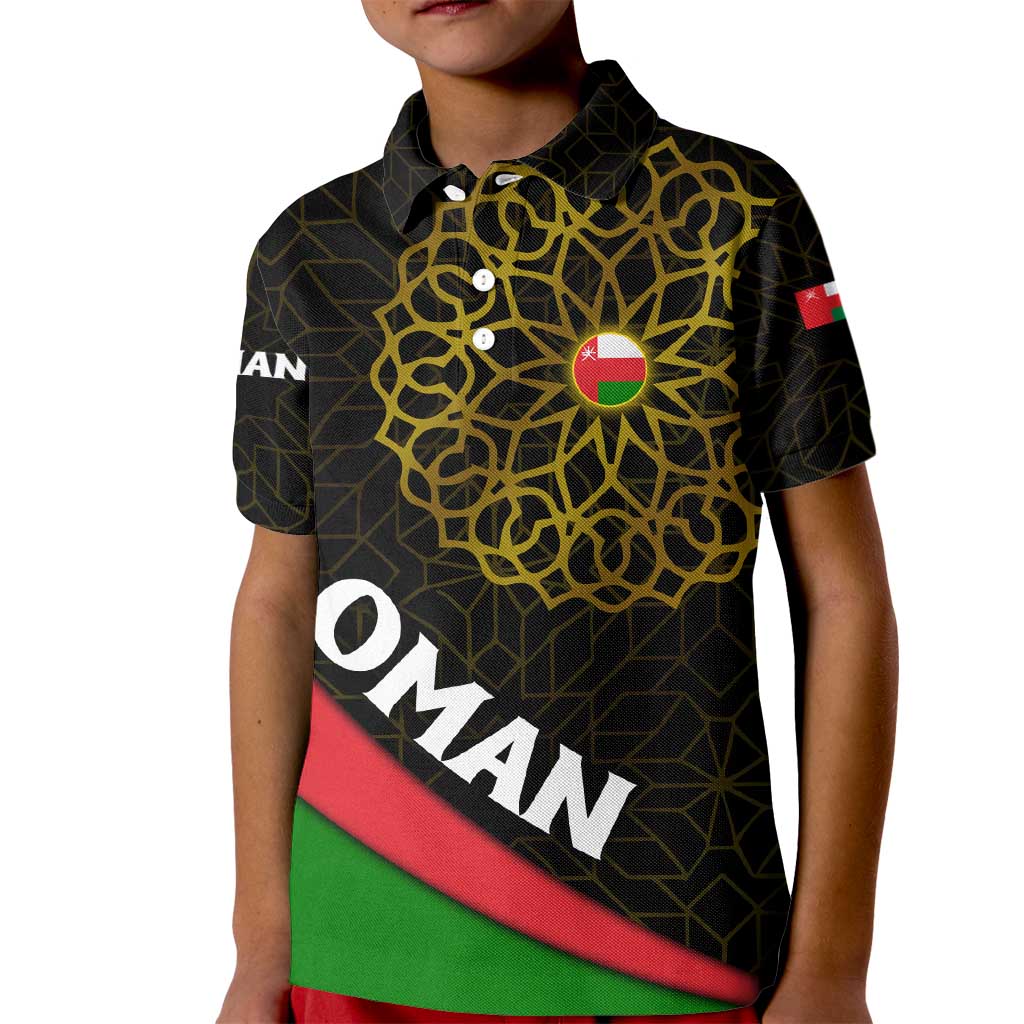 Oman Kid Polo Shirt with Camel Landscape and Geometric Pattern Design