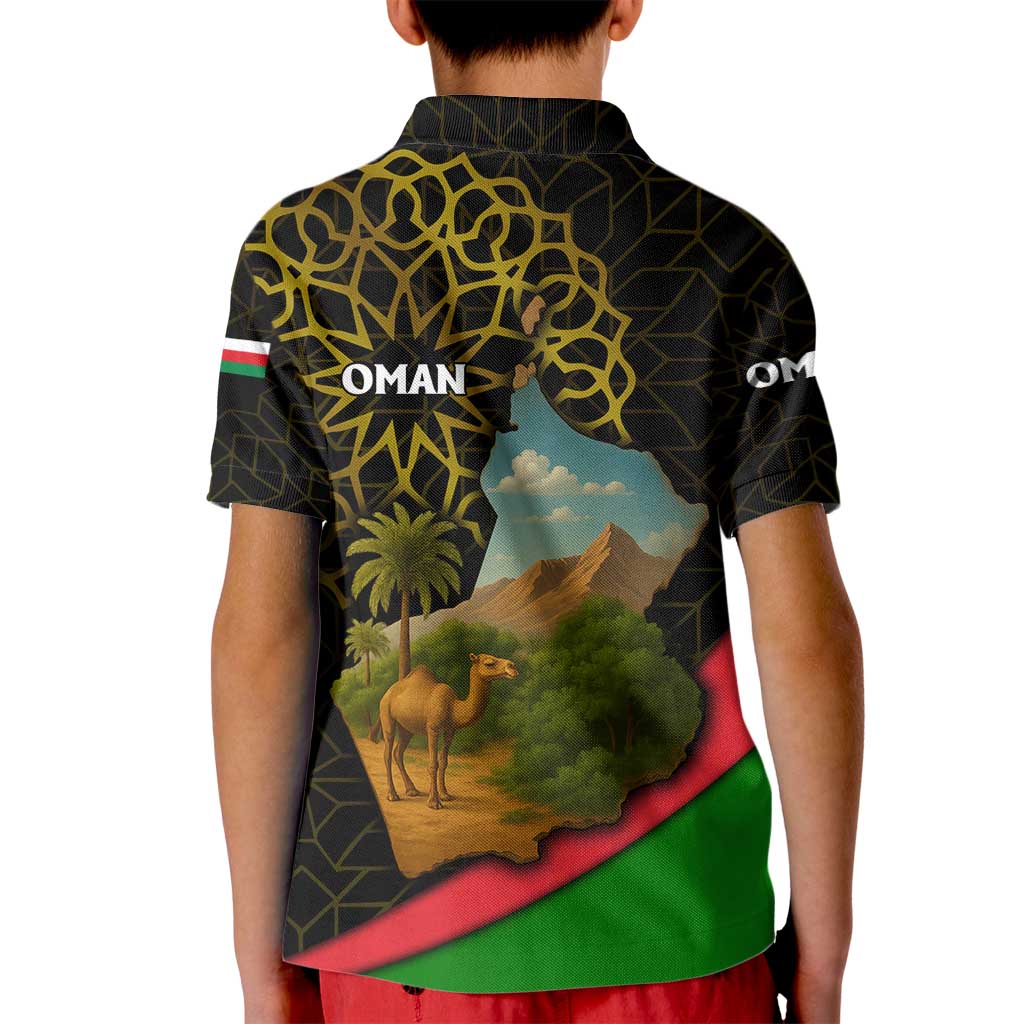 Oman Kid Polo Shirt with Camel Landscape and Geometric Pattern Design
