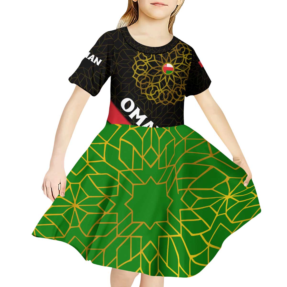 Oman Kid Short Sleeve Dress with Camel Landscape and Geometric Pattern Design