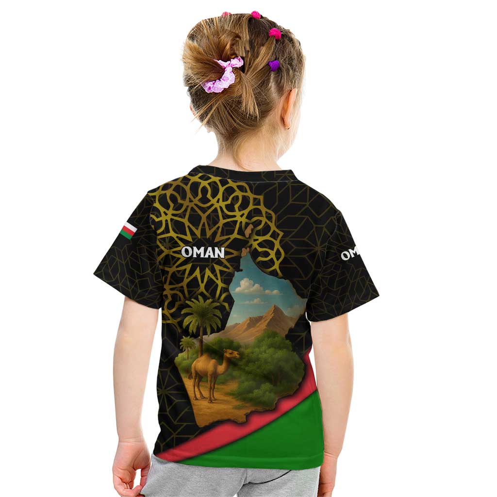 Oman Kid T Shirt with Camel Landscape and Geometric Pattern Design