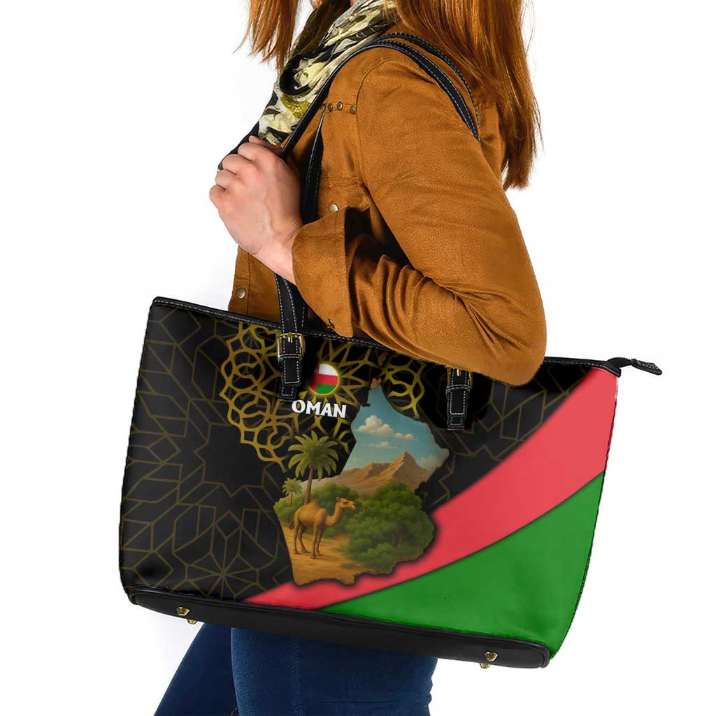 Oman Leather Tote Bag with Camel Landscape and Geometric Pattern Design