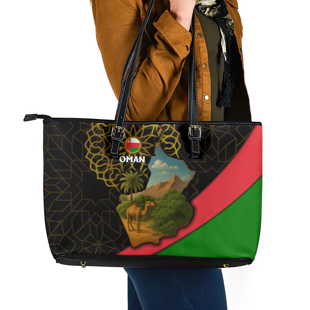 Oman Leather Tote Bag with Camel Landscape and Geometric Pattern Design