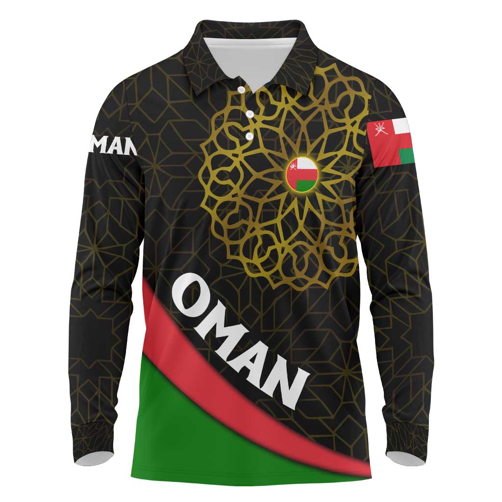 Oman Long Sleeve Polo Shirt with Camel Landscape and Geometric Pattern Design