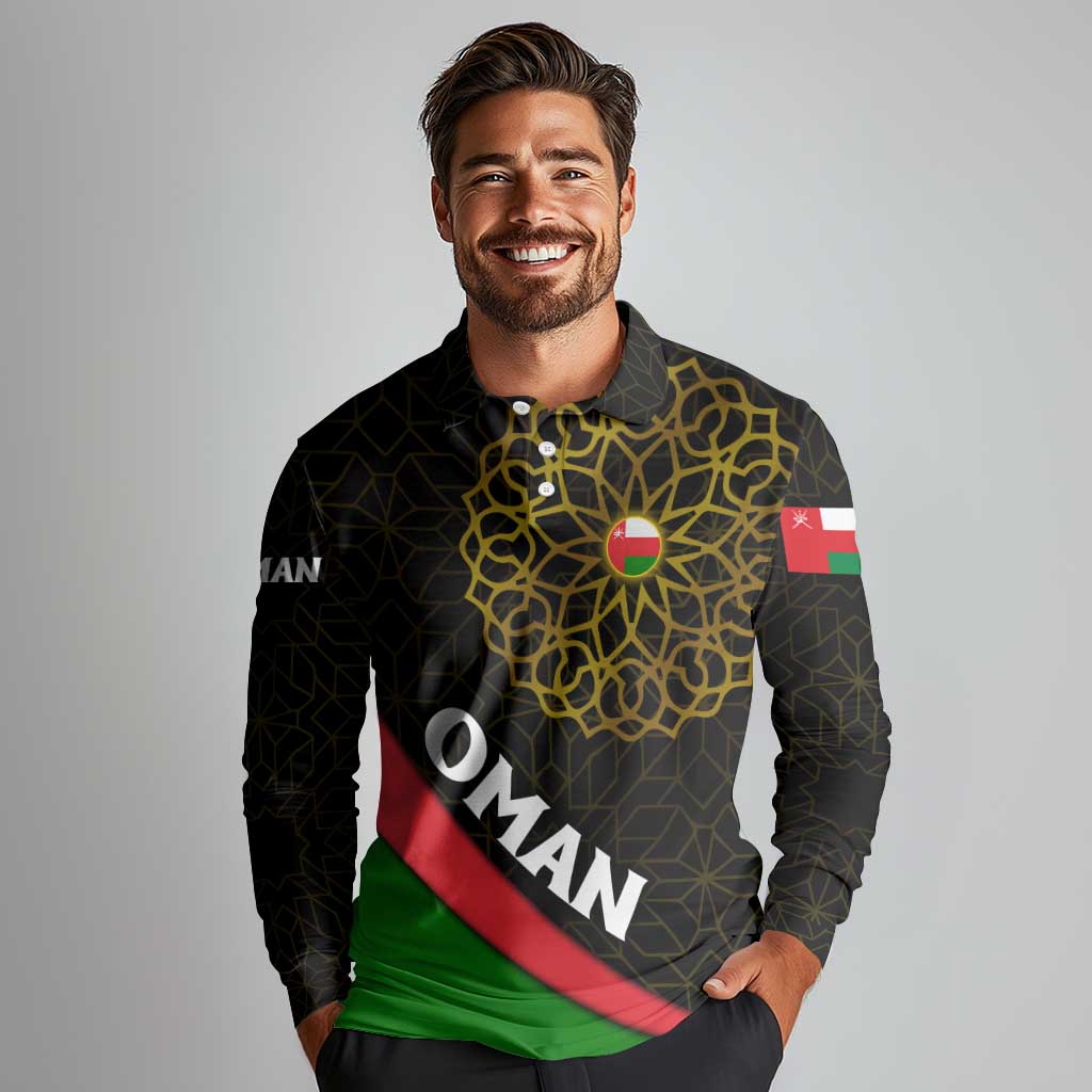 Oman Long Sleeve Polo Shirt with Camel Landscape and Geometric Pattern Design