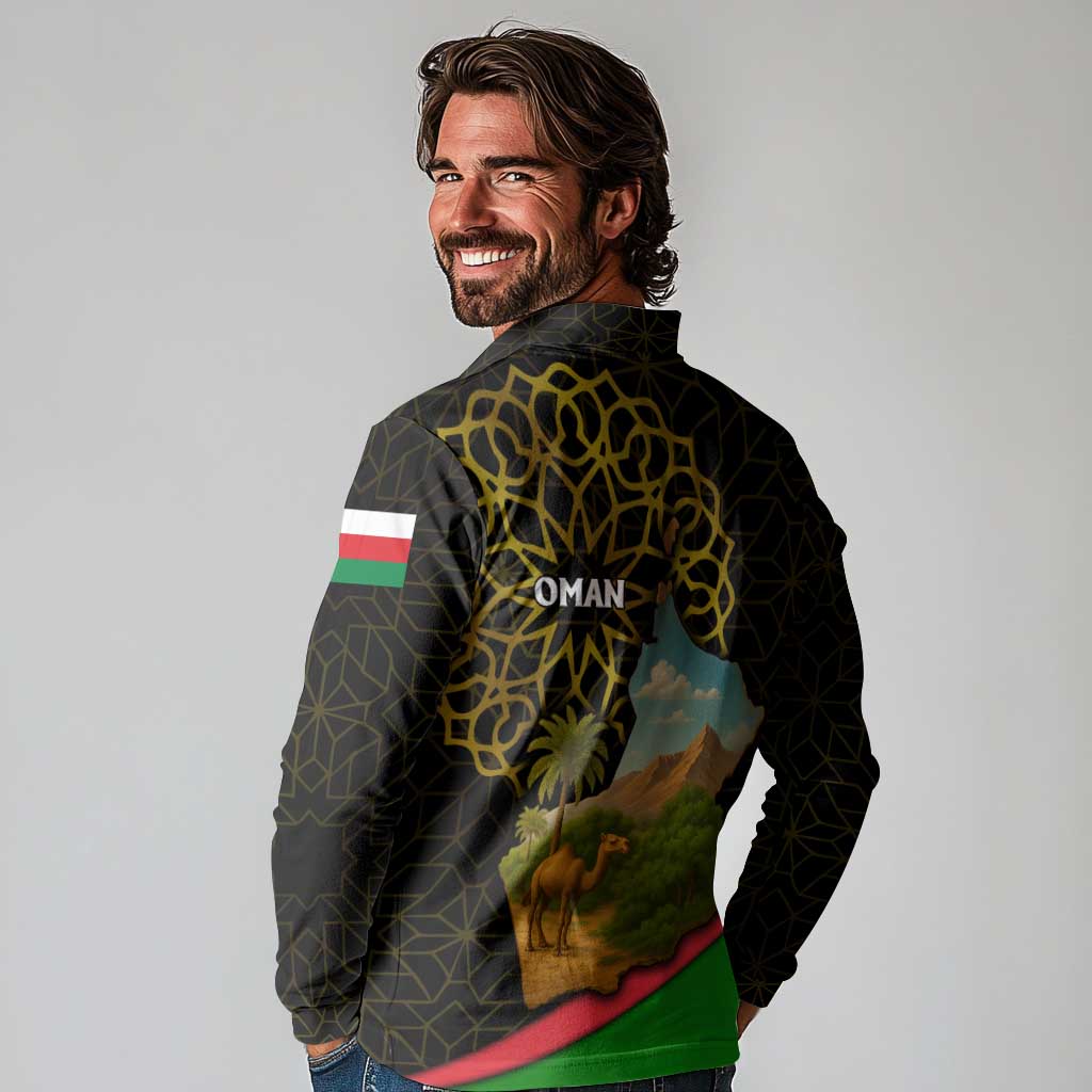 Oman Long Sleeve Polo Shirt with Camel Landscape and Geometric Pattern Design