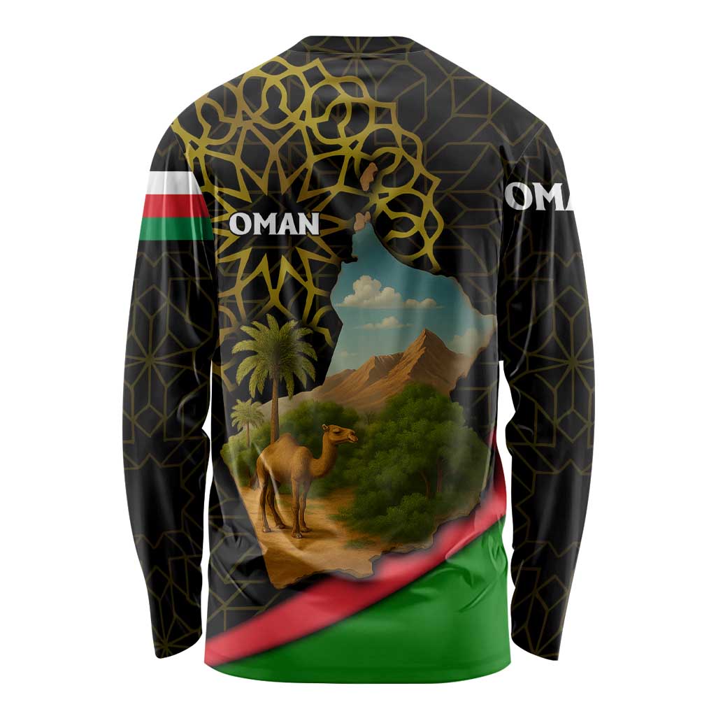 Oman Long Sleeve Shirt with Camel Landscape and Geometric Pattern Design