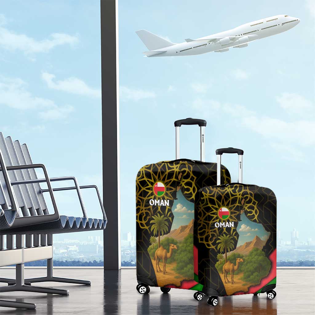 Oman Luggage Cover with Camel Landscape and Geometric Pattern Design