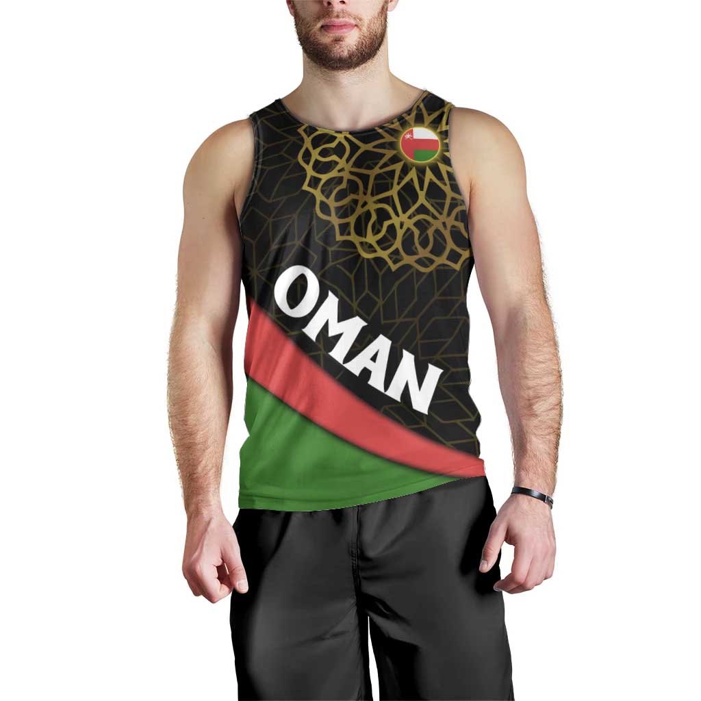 Oman Men Tank Top with Camel Landscape and Geometric Pattern Design