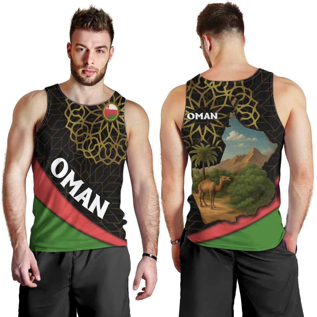 Oman Men Tank Top with Camel Landscape and Geometric Pattern Design