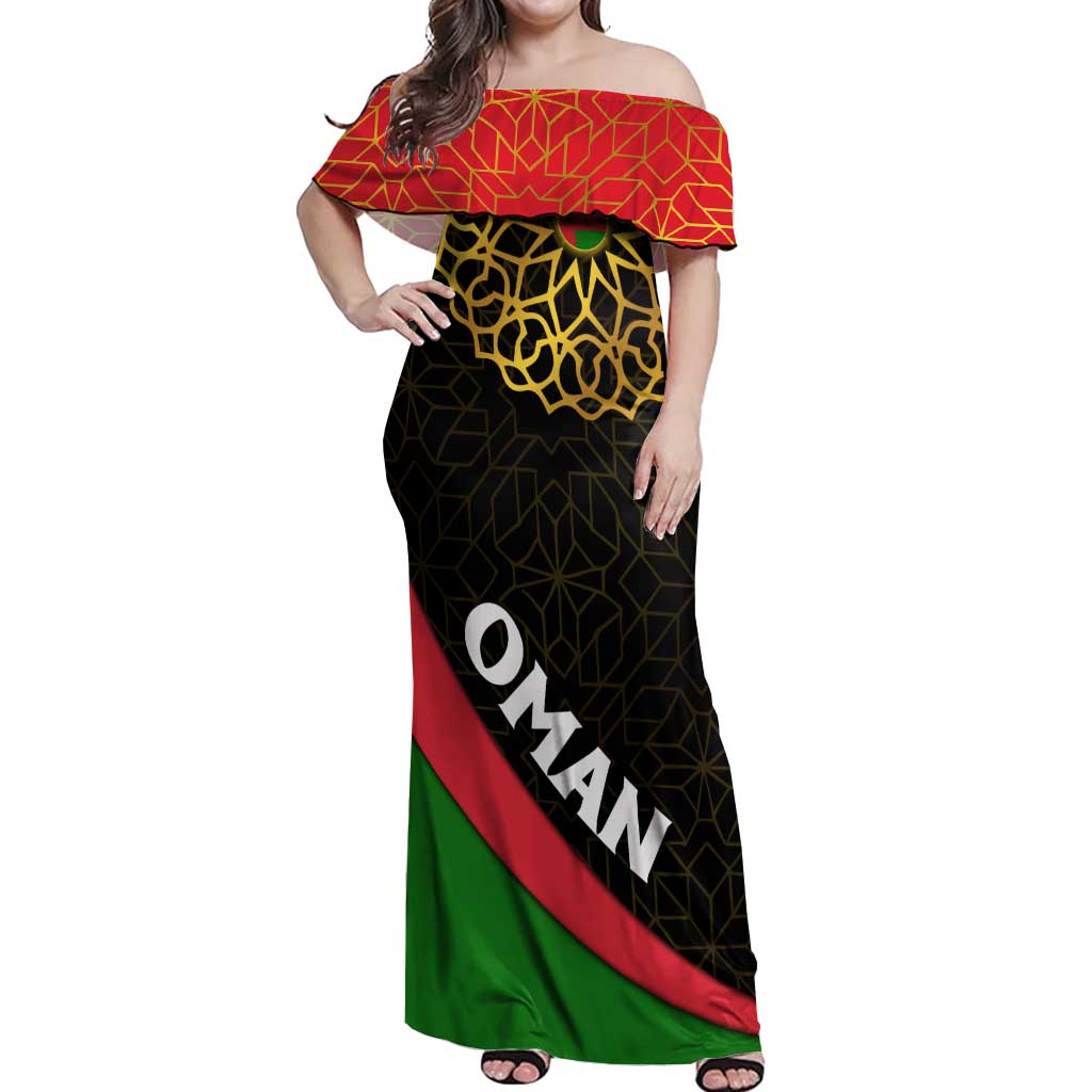 Oman Off Shoulder Maxi Dress with Camel Landscape and Geometric Pattern Design