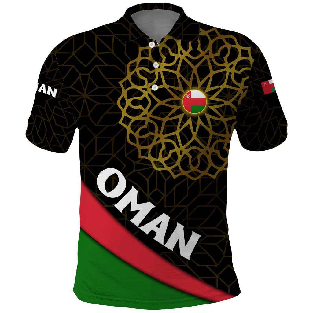 Oman Polo Shirt with Camel Landscape and Geometric Pattern Design