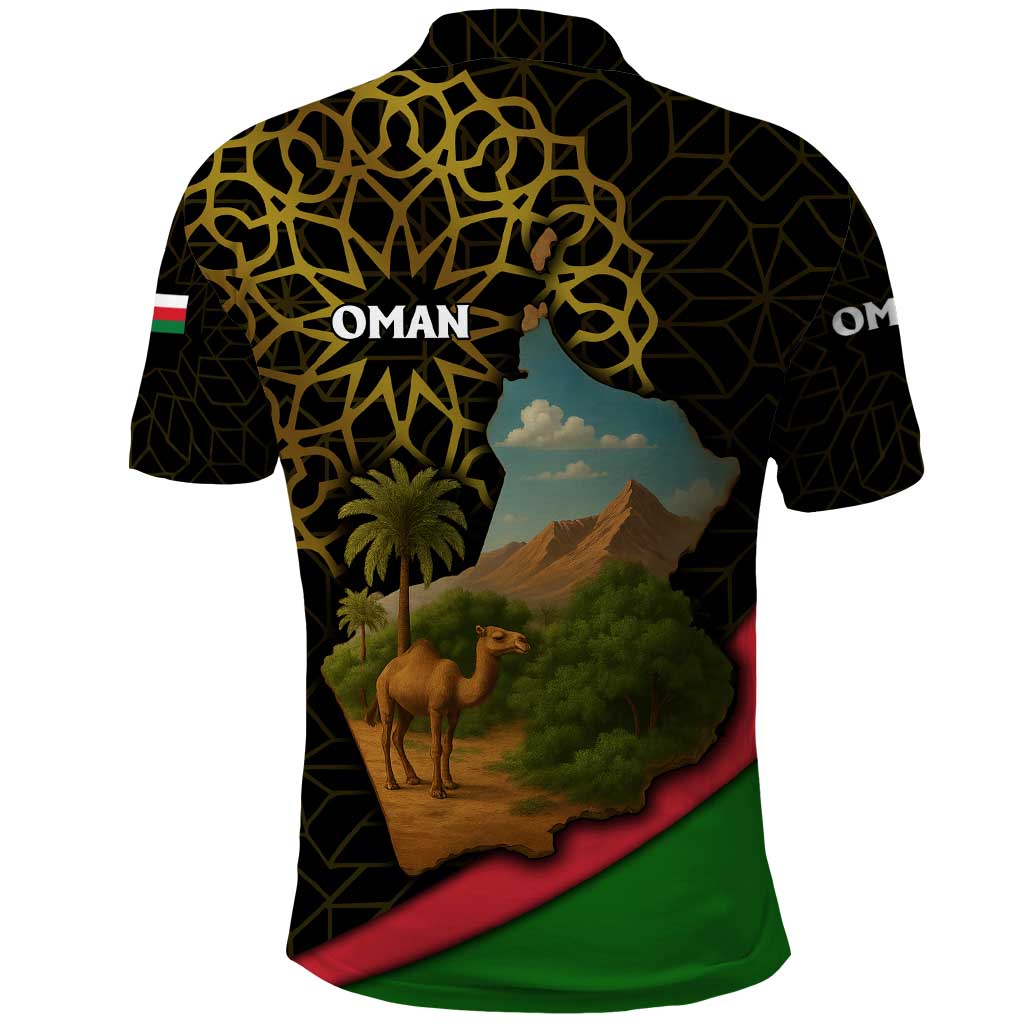 Oman Polo Shirt with Camel Landscape and Geometric Pattern Design