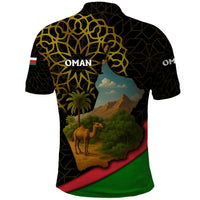 Oman Polo Shirt with Camel Landscape and Geometric Pattern Design