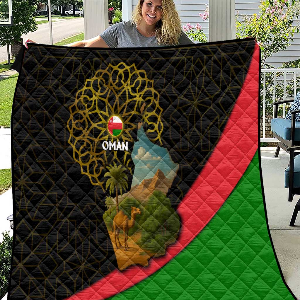 Oman Quilt with Camel Landscape and Geometric Pattern Design