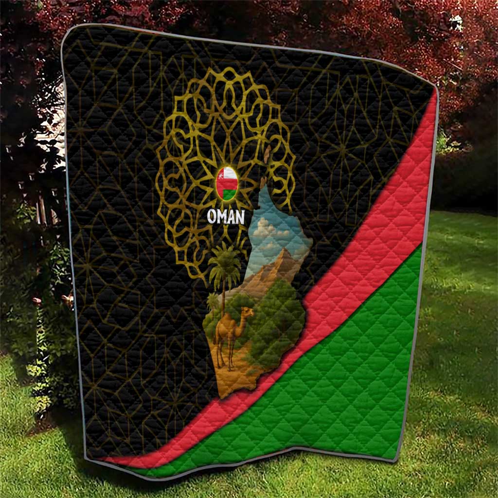 Oman Quilt with Camel Landscape and Geometric Pattern Design