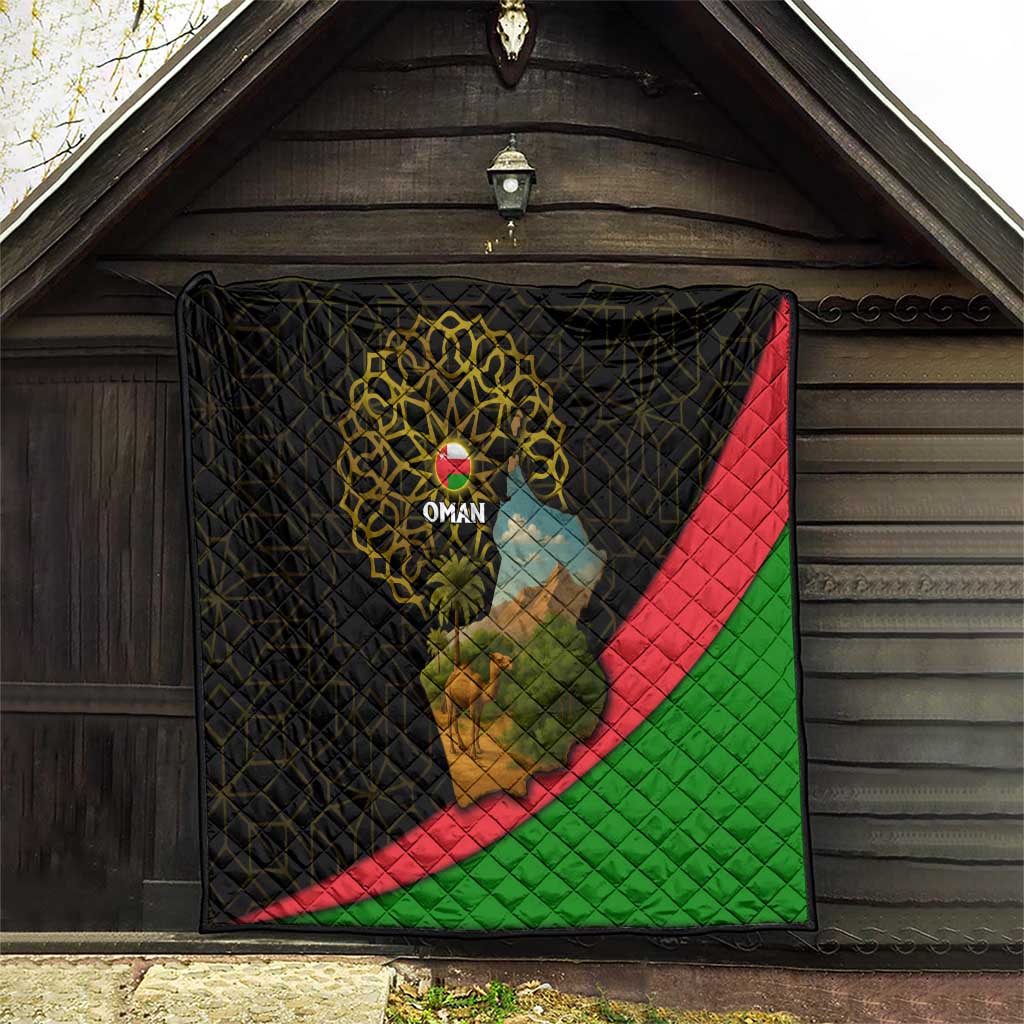 Oman Quilt with Camel Landscape and Geometric Pattern Design