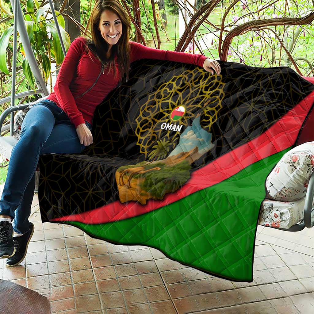 Oman Quilt with Camel Landscape and Geometric Pattern Design