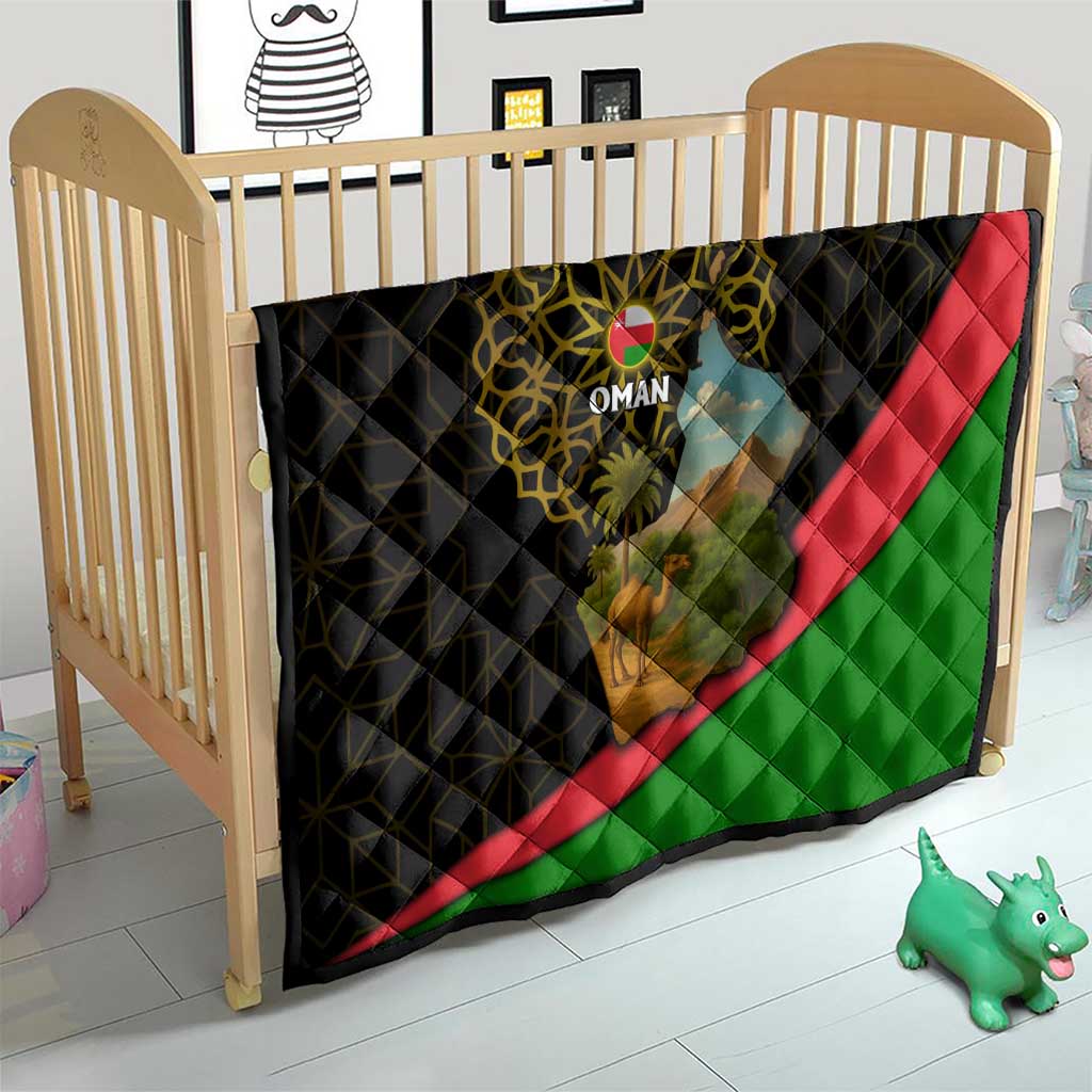 Oman Quilt with Camel Landscape and Geometric Pattern Design