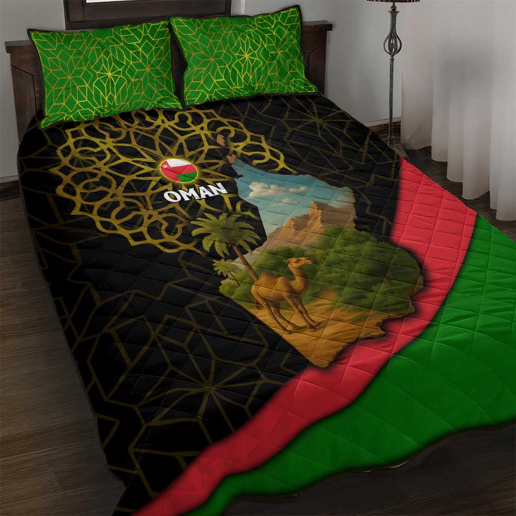 Oman Quilt Bed Set with Camel Landscape and Geometric Pattern Design