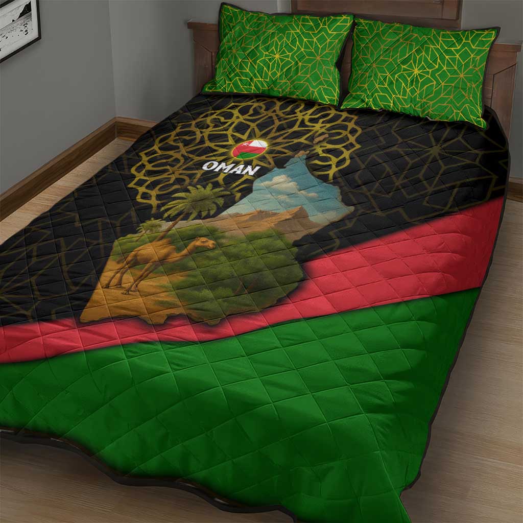 Oman Quilt Bed Set with Camel Landscape and Geometric Pattern Design
