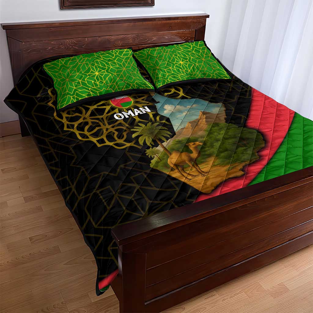 Oman Quilt Bed Set with Camel Landscape and Geometric Pattern Design