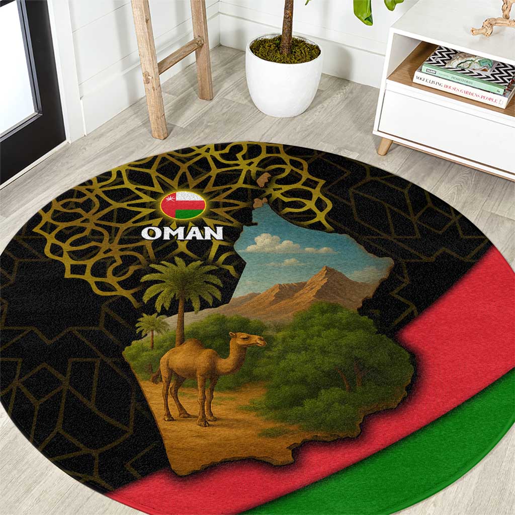 Oman Round Carpet with Camel Landscape and Geometric Pattern Design