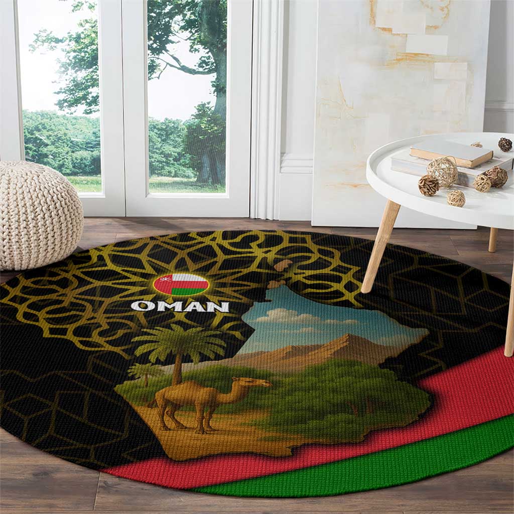 Oman Round Carpet with Camel Landscape and Geometric Pattern Design