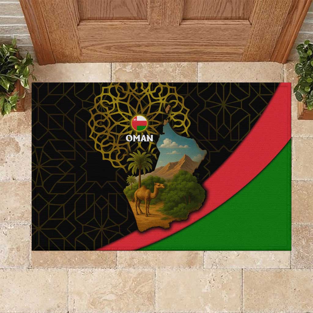 Oman Rubber Doormat with Camel Landscape and Geometric Pattern Design