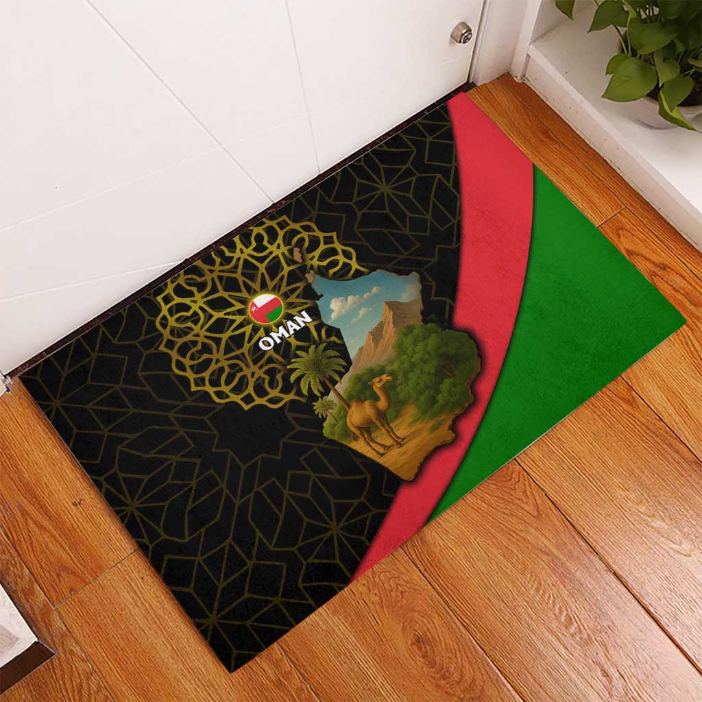 Oman Rubber Doormat with Camel Landscape and Geometric Pattern Design