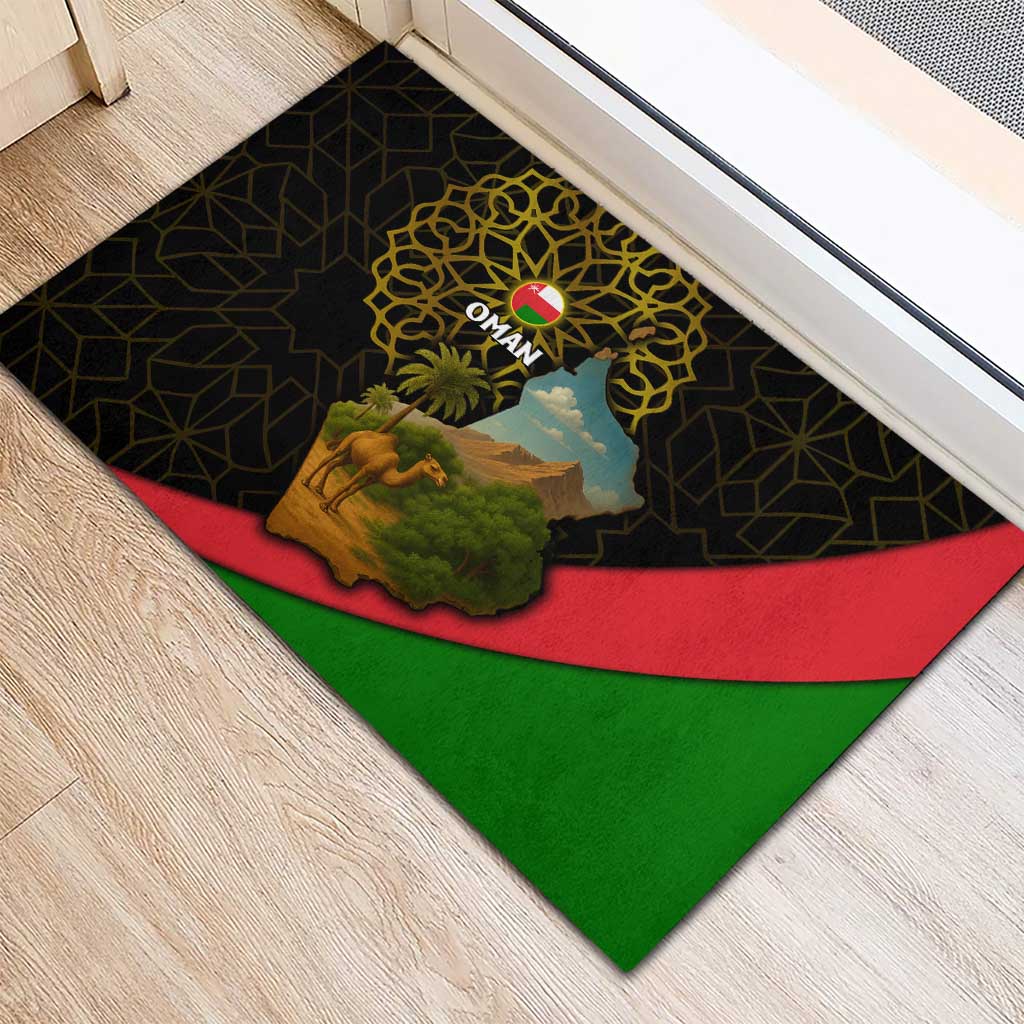 Oman Rubber Doormat with Camel Landscape and Geometric Pattern Design
